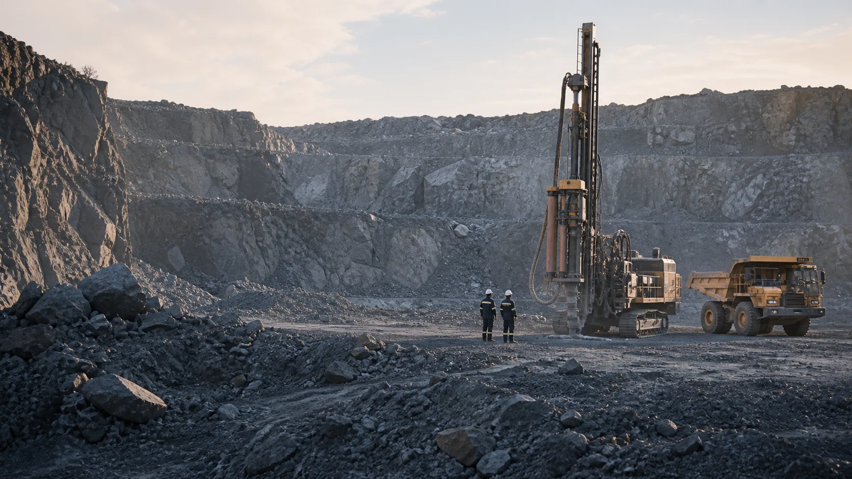 Quarry drilling equipment and haul truck operating in a granite quarry